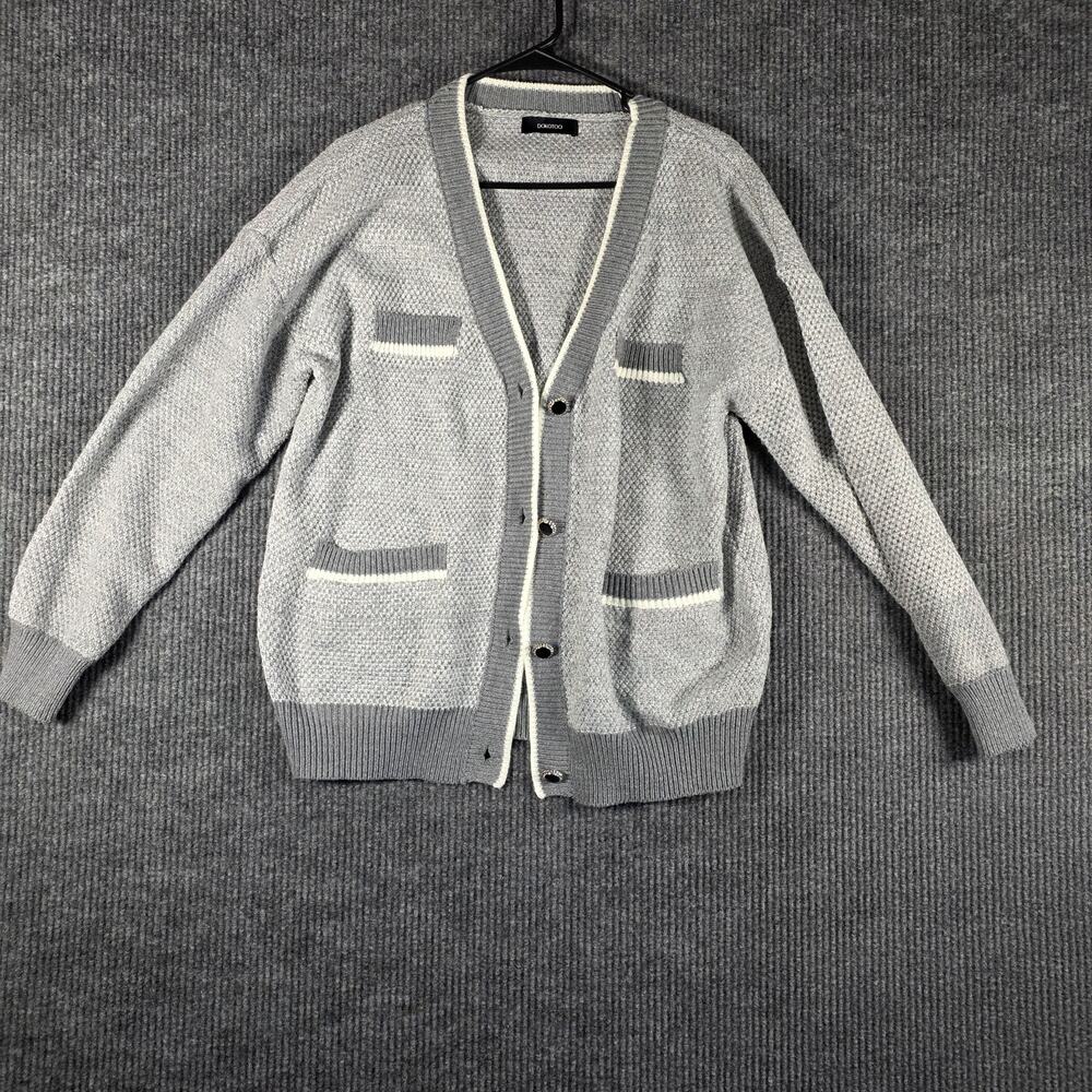 DOKOTOO Gray Contrast Trim Chunky Knit Button Front Cardigan Sweater M